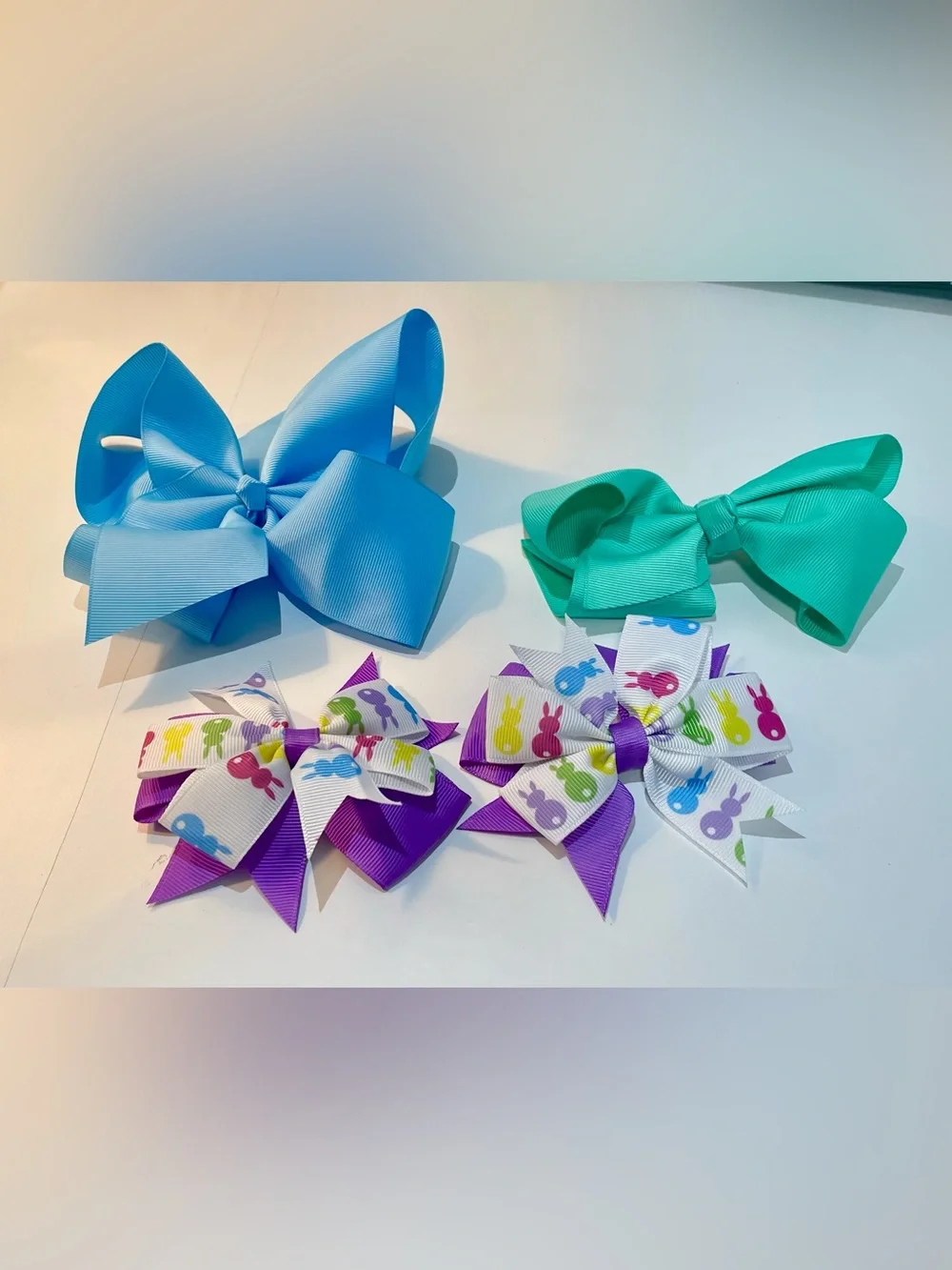 Bundle of 4 hair bows- blue, teal/aquamarine, Easter/peers